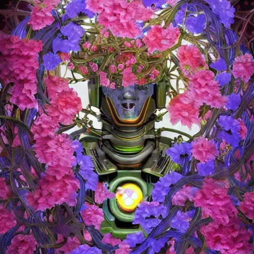 Image similar to colourful vfx art - portrait of army mecha robot wrapped in flowers & vines, art by utagawa kunisada & james jean, volumetric light, ray tracing, sharp, detailed, digital painting, illustration, highly detailed, intricate detail, unreal engine, octane render, global light, pinterest, behance, art station,