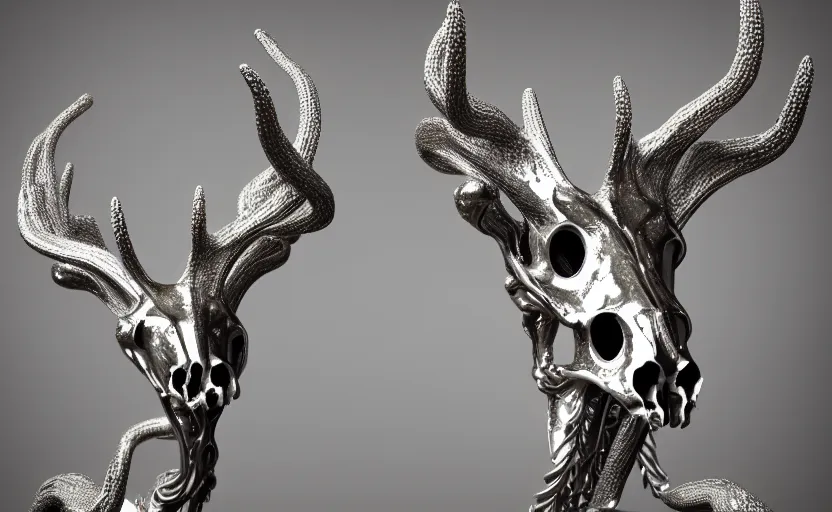 Image similar to stylized shiny polished silver statue full body extra limbs bizarre cosmic horror quadruped animal deer skull four legs made of marble of slug creature tendrils, perfect symmetrical body, perfect symmetrical face, hyper realistic, hyper detailed, by johannen voss, by michelangelo, octane render, blender, 8 k, displayed in pure white studio room