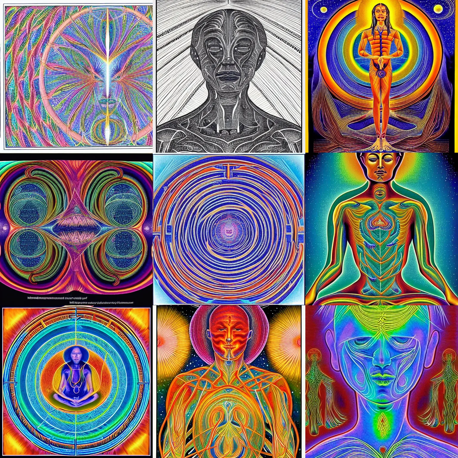 Prompt: the process of meditation, rivers of qi flowing in meridians in a cosmic human body in the style of alex grey