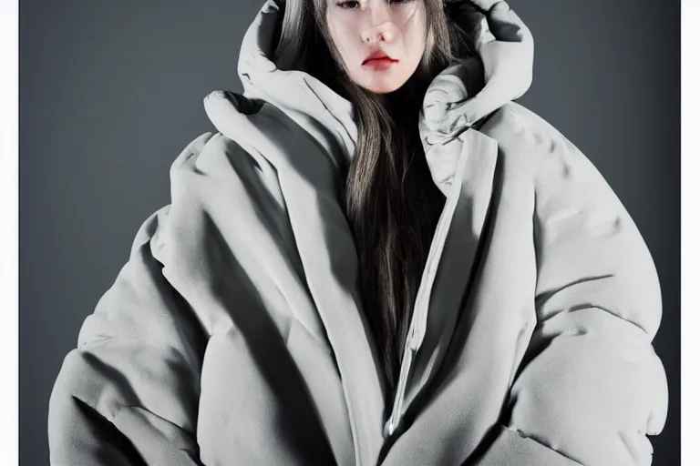 Image similar to well lit fashion shoot portrait of extremely beautiful female marble statue wearing huge over size puffer jacket by dingyun zhang, yeezy, balenciaga, vetements, a cold wall, sharp focus, clear, detailed,, cinematic, detailed, off white, glamourous, symmetrical, vogue, editorial, fashion, magazine shoot, glossy