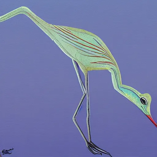 Image similar to a hybrid of a crane and a frog on the background of a blue sunset