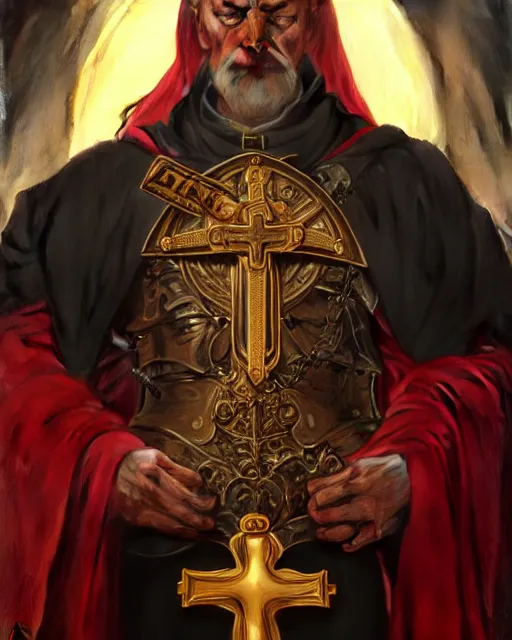 Image similar to realistic portrait of a nasty bishop, cross, evil, heroic pose, beautiful face, bible, full body, dramatic lighting, intricate, wild, highly detailed, digital painting, artstation, concept art, smooth, sharp focus, illustration, art by artgerm and greg rutkowski and alphonse mucha, footage from space camera