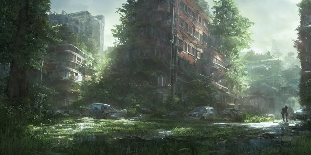 Prompt: an environmental concept art of the last of us by studio ghibli, environmental lighting, cinematic