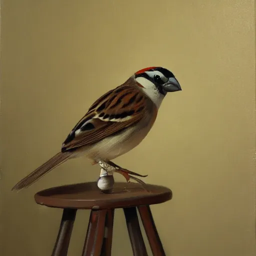 Prompt: an oil paiting of a sparrow perched on a chair, highly detailed, oleo, artstation, sharp focus, by diego velazquez