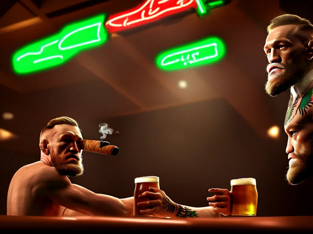 Image similar to a well framed portrait of conor mcgregor drinking a beer and smoking a cigar in an irish pub with a neon bar, trending on art station, in the style of the movie heat, volumetric lighting & shadows, hyper detailed, digital art, unreal engine, 4 0 0 mm f 1. 8,