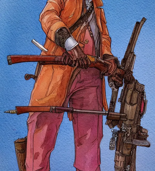 Image similar to a 3 / 4 view watercolor ink painting of an anthropomorphic bunny gunslinger posing with their revolver - rifle in the style of jean giraud in the style of moebius trending on artstation deviantart pinterest detailed realistic hd 8 k high resolution