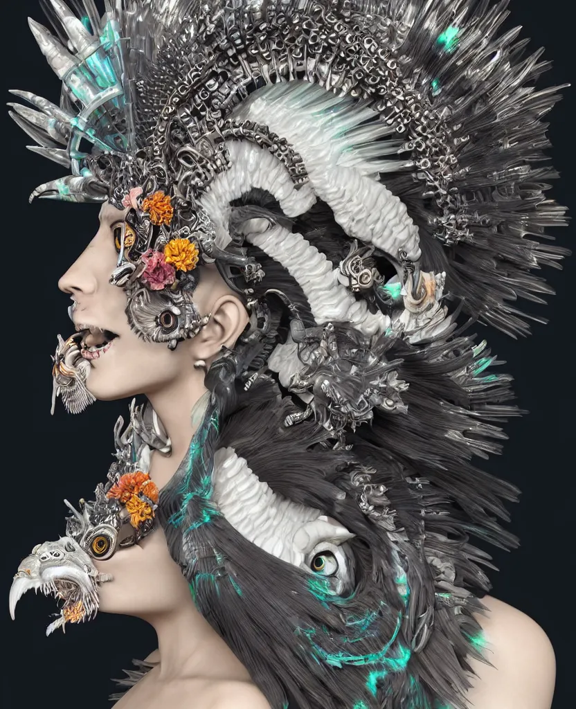 Image similar to 3 d goddess close - up profile portrait punk with mohawk with ram skull. beautiful intricately detailed japanese crow kitsune mask and clasical japanese kimono. betta fish, jellyfish phoenix, bio luminescent, plasma, ice, water, wind, creature, artwork by tooth wu and wlop and beeple and greg rutkowski