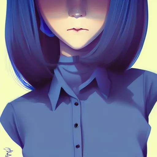 Image similar to urban high school girl in shirt fanart, dark blue long hair, muted colors, matte print, pastel colors, ornate, digital art, digital painting, fan art, elegant, artstation, by Ilya Kuvshinov