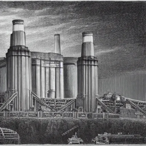 Image similar to A detailed engraving of a battersea power station in the style of gustave dore, escher and piranesi