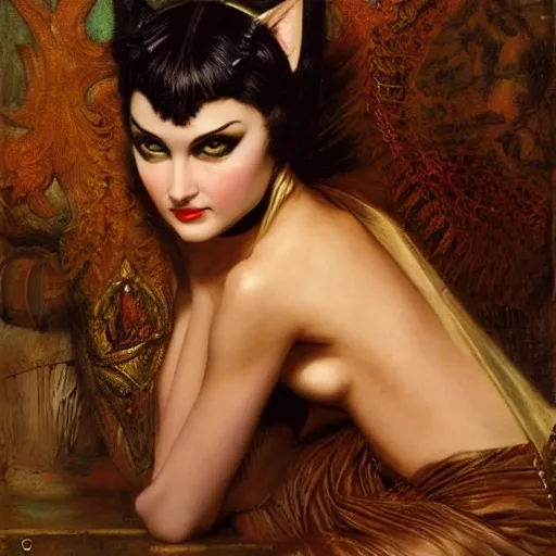 Image similar to detailed potrait ofcatwoman in baroque painting, girl graceful,, painting by gaston bussiere, craig mullins, j. c. leyendecker, lights, art by ernst haeckel, john william godward, hammershøi,,