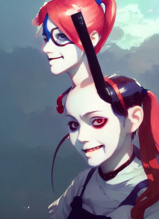 Image similar to portrait of cute harley quinn, cloudy sky background lush landscape illustration concept art anime key visual trending pixiv fanbox by wlop and greg rutkowski and makoto shinkai and studio ghibli