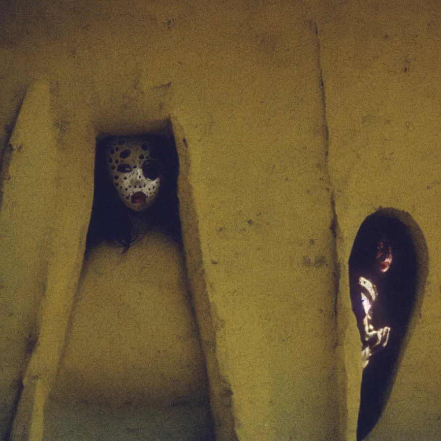 Image similar to 7 0 s movie still of a white female japanese phantom with trypophobia in a yellow wall soviet tunnel, cinestill 8 0 0 t 3 5 mm eastmancolor, heavy grain, high quality, high detail