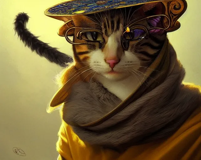 Prompt: a mind - blowing portrait of a cat wizard, yellow wizard hat, deep focus, d & d, fantasy, intricate, elegant, highly detailed, digital painting, artstation, concept art, matte, sharp, illustration, hearthstone, art by artgerm and greg rutkowski and alphonse mucha