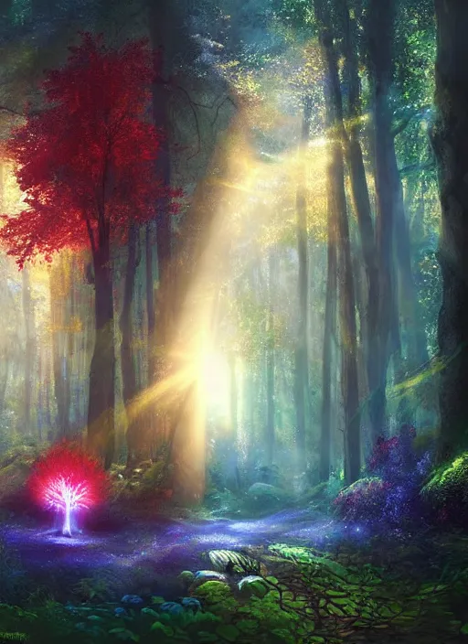 Prompt: painting of magic mushrooms , mysterious forest, beautiful lighting, god rays, fantasy art, matte painting