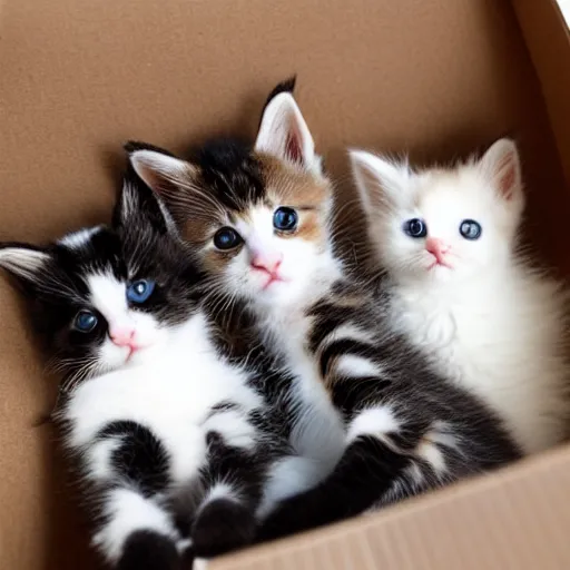 Image similar to a cardboard box, inside full of cute kittens