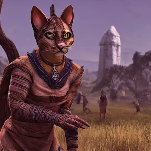 Image similar to Spontaneously petting a Khajiit caravanner right between the ears, evoking an expression of mild bemusement.