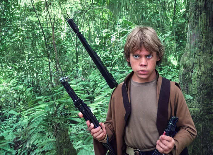 Image similar to Luke Skywalker at the new jedi temple school, in the jungle. Photographed with Leica Summilux-M 24 mm lens, detailed photorealistic face, ISO 100, f/8, Portra 400