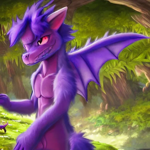 Image similar to concept art painting of an anthropomorphic purple anime furry dragon, in the deep forest, realistic, detailed, cel shaded, in the style of makoto shinkai and greg rutkowski and james gurney