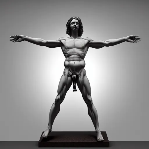 Image similar to Da Vinci's Vitruvian Man as a marble sculpture by Michelangelo, 4k, hyperrealistic, octane render, studio lighting