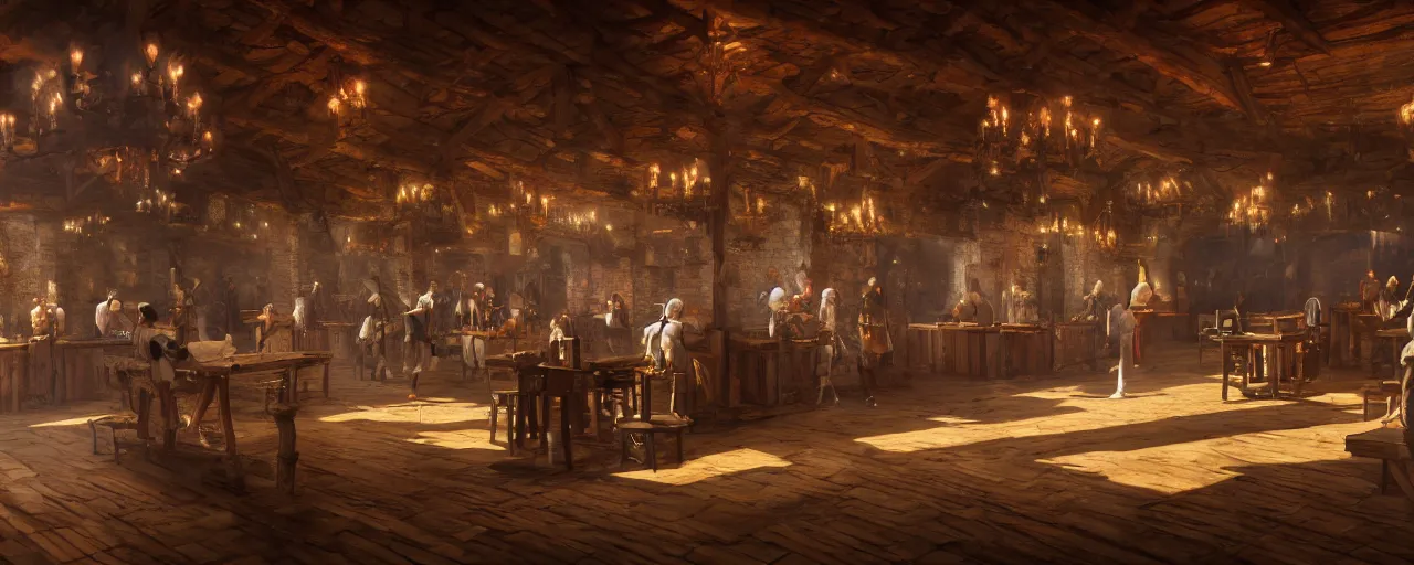 Image similar to inside of a medieval era tavern with dancers, vaporwave aesthetics, 8 k uhd, unreal engine, octane render in the artstyle of finnian macmanus, john park and greg rutkowski