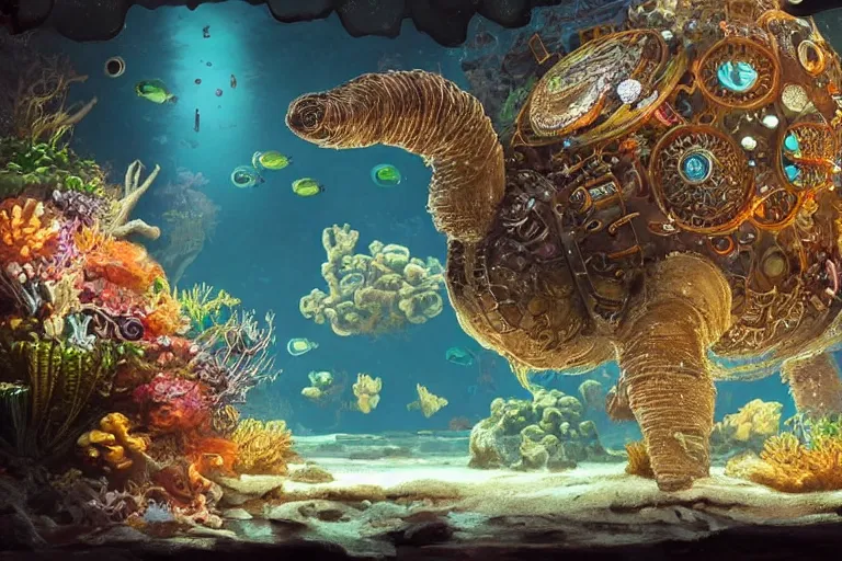 Image similar to beautiful painting of a huge caretta wearing a steampunk armour floating in a natural cave aquarium, coral reef, water bubbles, intricate details, jewel fishes, two magnificent jelly fish, realistic shaded , highly detailed, artstation, art by pascal campion, octane render, 4k, dynamic light, volumetric light, neon lights, cinematic mood