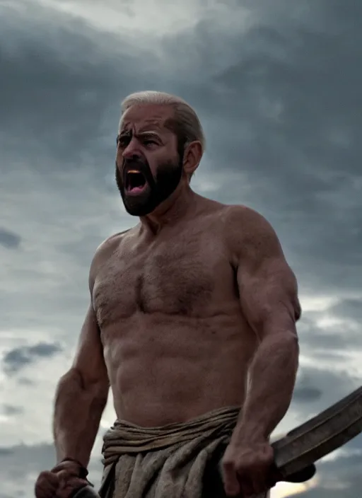 Image similar to cinematic film still of joe biden as leonidas shouting in 3 0 0 movie, 8 k, epic moody sky, dramatic lighting