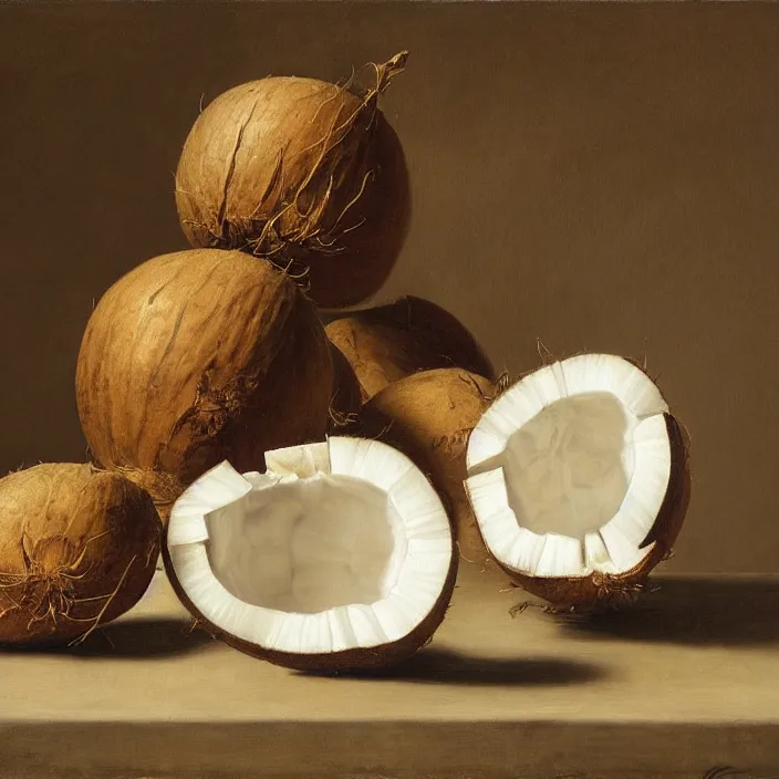 Image similar to still life painting of halved coconuts by pieter claesz, oil on canvas, strong lighting, highly detailed, hyper realism, golden hour, god rays, hd, 4 k