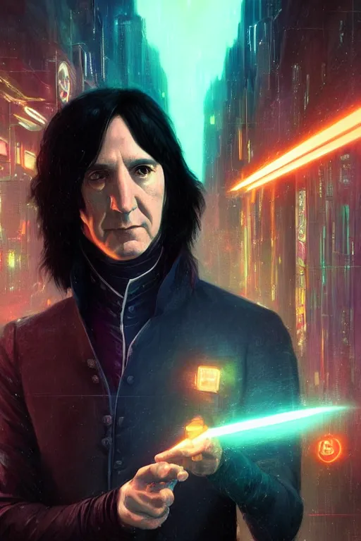 Image similar to portrait of severus snape with holograms in cyberpunk, neon lighting, night city, digital art from artstation by Ruan Jia and Mandy Jurgens and Artgerm and william-adolphe bouguereau and Greg Rutkowski