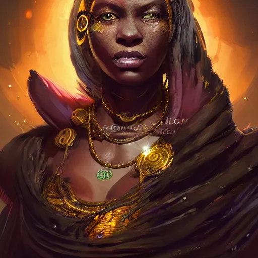 Image similar to a dark and ominous african queen with glowing eyes and a golden crown with a ruby and a black diamond in her forehead, spirits float in the background, Apex Legends character digital illustration portrait design, by android jones and greg rutkowski in a cyberpunk voodoo style, detailed, cinematic lighting, wide angle action dynamic portrait