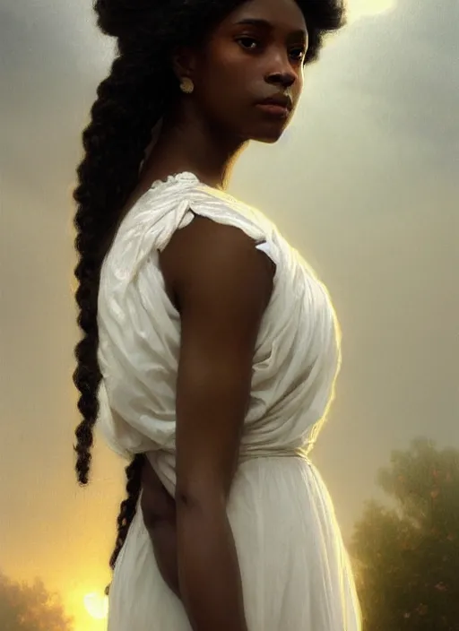 Prompt: oil painting close up portrait of a contemplative young black woman with long dark flowing hair in a white dress, wearing a crown of white roses!! at sunset, hazy, digital art, chiaroscuro, artstation, cinematic, golden hour, digital art painting by greg rutkowski, william - adolphe bouguereau, hazy atmosphere, cinematic lighting