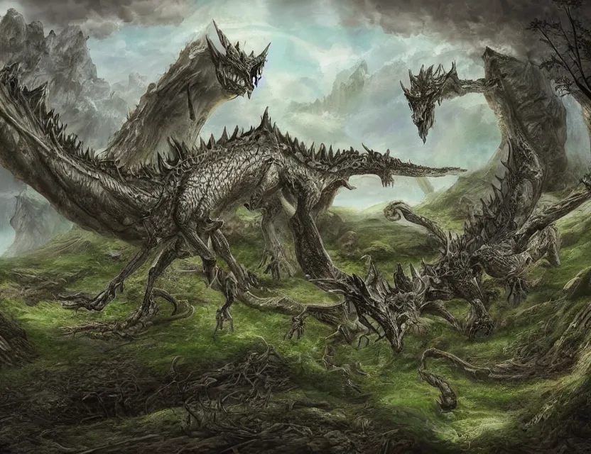 Image similar to fantasy landscape. very wide valley with a giant dragon skeleton at the bottom ( central ), woodland growing around the skeleton. digital art.