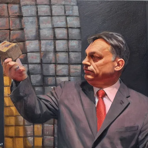 Image similar to viktor orban laying bricks, oil painting