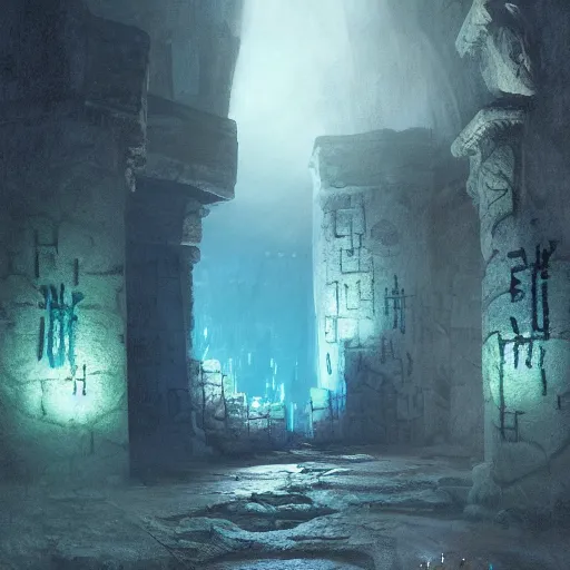 Prompt: Entrance to an ancient dungeon, ruins, walls covered in glowing runes, ominous, volumetric lighting, scenery, digital painting, highly detailed, artstation, sharp focus, illustration, concept art, ruan jia, steve mccurry