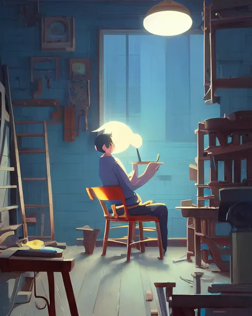 Image similar to woodworker building a new chair on his shop, detailed, cory loftis, james gilleard, atey ghailan, makoto shinkai, goro fujita, studio ghibli, rim light, exquisite lighting, clear focus, very coherent, plain background, soft painting