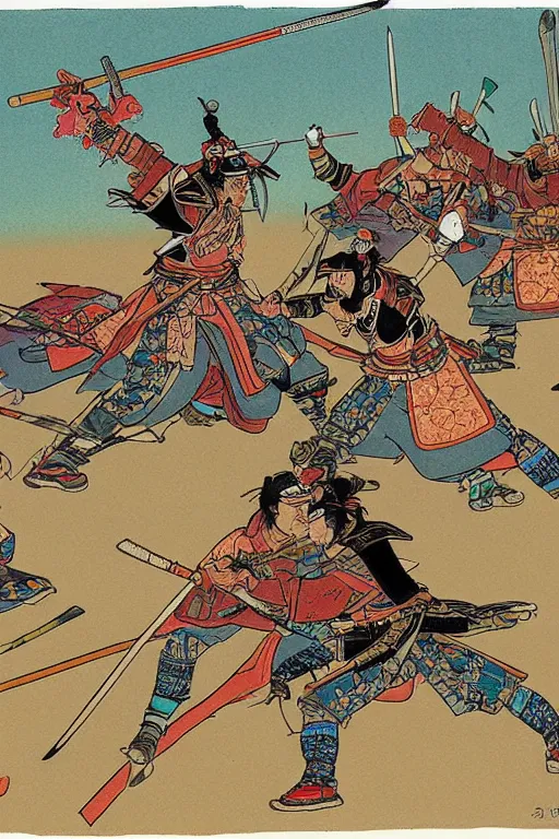 Image similar to a samurai battle by moebius