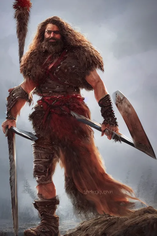 Prompt: Barbarian Warrior, dual wielding axes, tall, long messy curly hair, long unkempt beard, wolf pelt, red armor, matte painting, trending in artstation, arstationhq, artstationhd, HD 8k