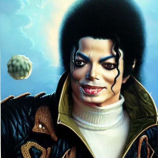 Prompt: beautiful fantasy character portrait, michael jackson, wearing pink puffy bomber jacket with white fur, by peter mohrbacher, hajime sorayama, wayne barlowe, boris vallejo, aaron horkey, gaston bussiere, craig mullins