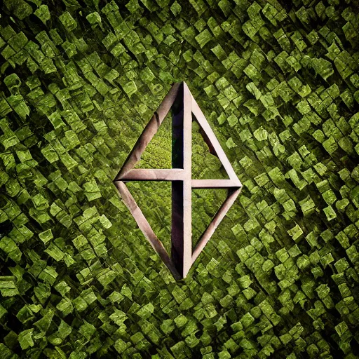 Image similar to Penrose triangle made of vines, in the middle of a secret secluded garden grove, soft lighting, god rays, peaceful, fae, trending on artstation, photo, 8k