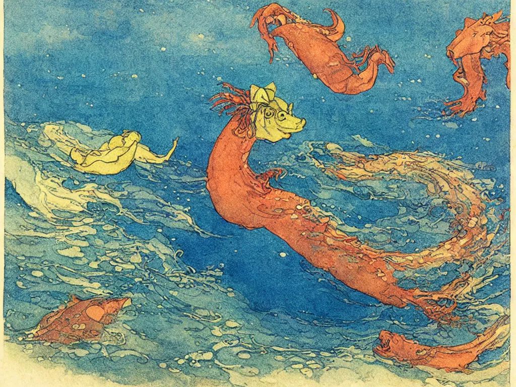 Image similar to an extremely colorful depiction of a hippocampus in the sea, from a book of fairy tales illustrated by edmund dulac