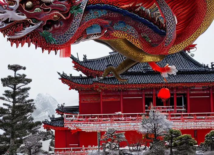 Prompt: chinese dragon floating above a temple in the snowy mountains by morbacher and yoshitaka amano