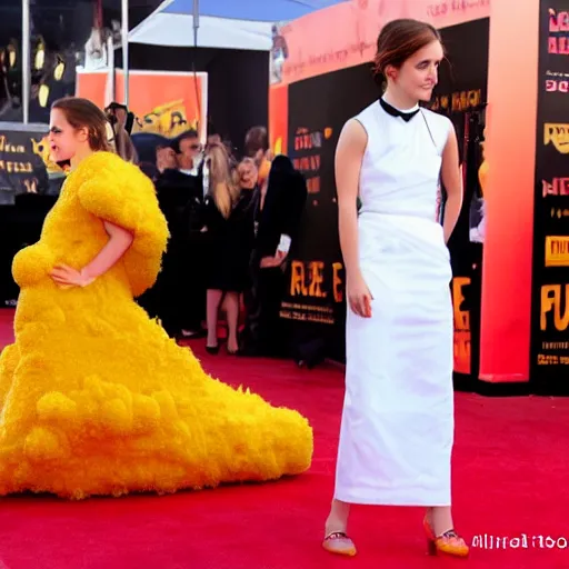 Prompt: emma watson as a cheese puff, red carpet, cosplay, realism, photography, award winning,