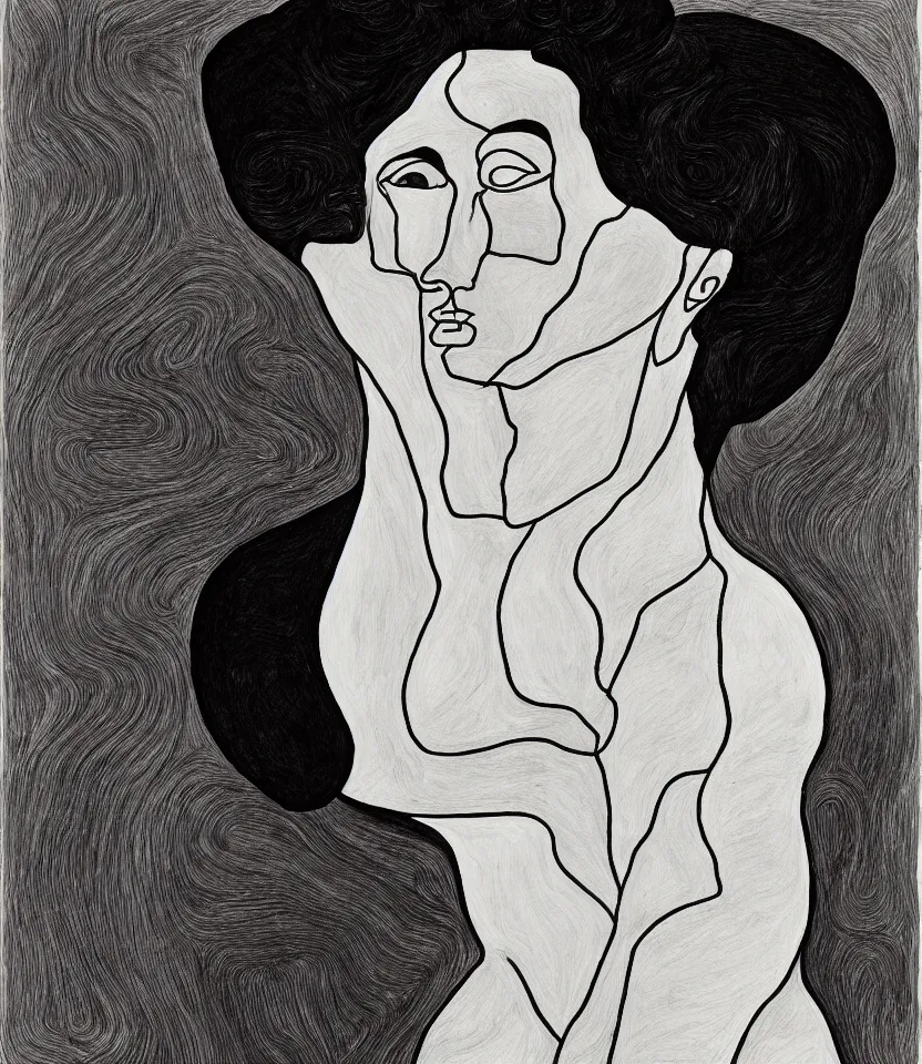 Image similar to detailed line art portrait of georgia o'keeffe, inspired by egon schiele. caricatural, minimalist, bold contour lines, musicality, soft twirls curls and curves, confident personality, raw emotion