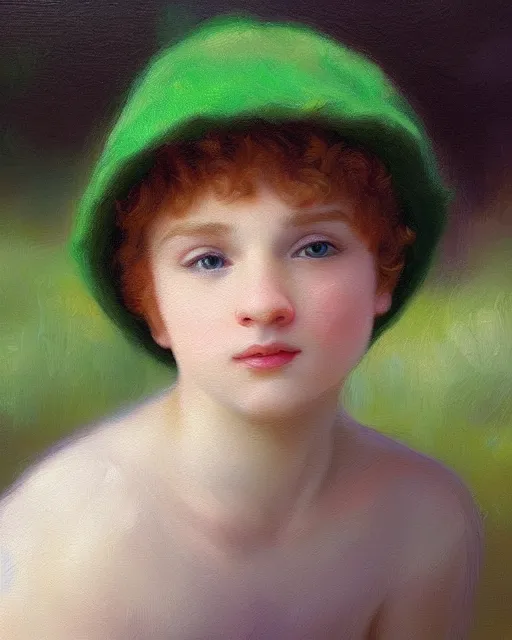 Prompt: beautiful glorious realistic oil painting of young kyle broflovski in green hat, bokeh, baroque style by bouguereau, sunset, highly detailed, 8 k intricate