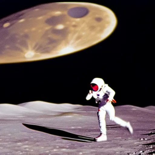 Image similar to usain bolt racing on the moon, lunar lander in background, kodachrome film