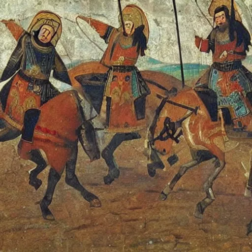 Prompt: a russian town getting pillaged by mongols on horses medieval painting