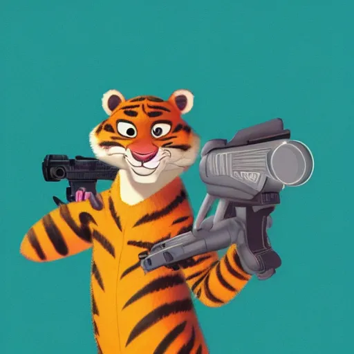 Prompt: “portrait of tiger in the style of the movie zootopia holding a laser gun, 4k, digital art, award winning”