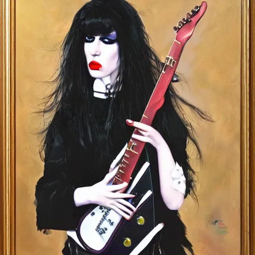 Image similar to Goth girl playing electric guitar by Mario Testino, oil painting by Guillermo Lorca