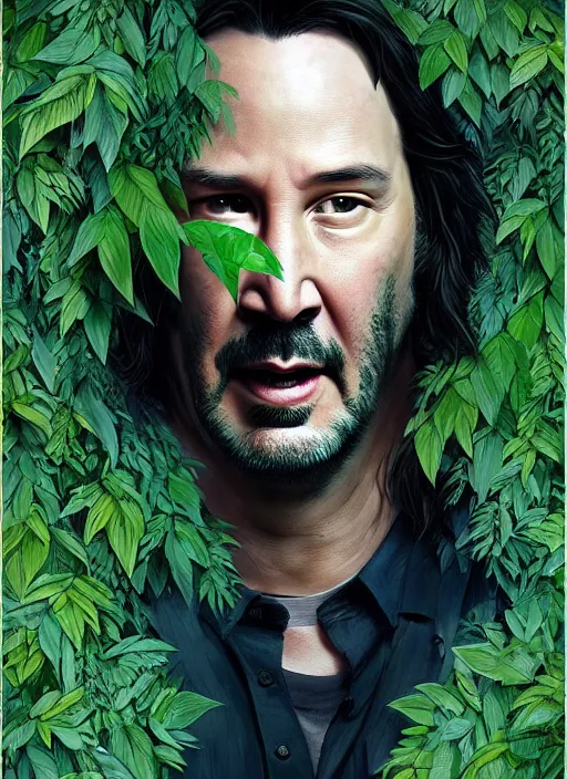 Image similar to highly detailed comedy caper movie poster with silly wacky zany keanu reeves hiding in leaves, keanu reeves face inside a leafy bush by greg rutkowski