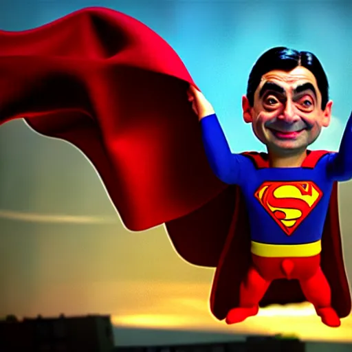Prompt: mr. bean as superman. movie still. cinematic lighting.