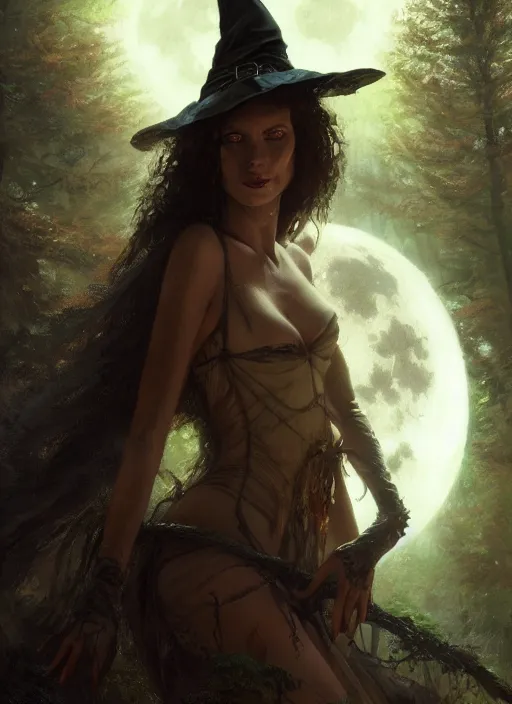 Prompt: close - up portrait of a very beautiful witch in front of the full big moon in a fantasy forest, bra, by james gurney, max liebermann, greg rutkowski, highly detailed digital art, artstation